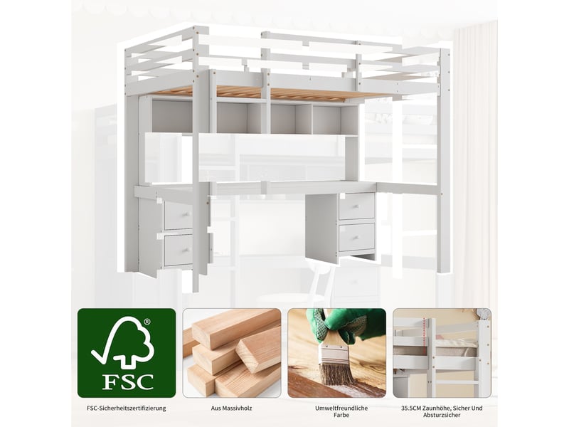  Lit mezzanine 90 x 200 cm - lit avec rangement et escalier sécurisé - pin + mdf - sans matelas - blanc  - Conforama D
