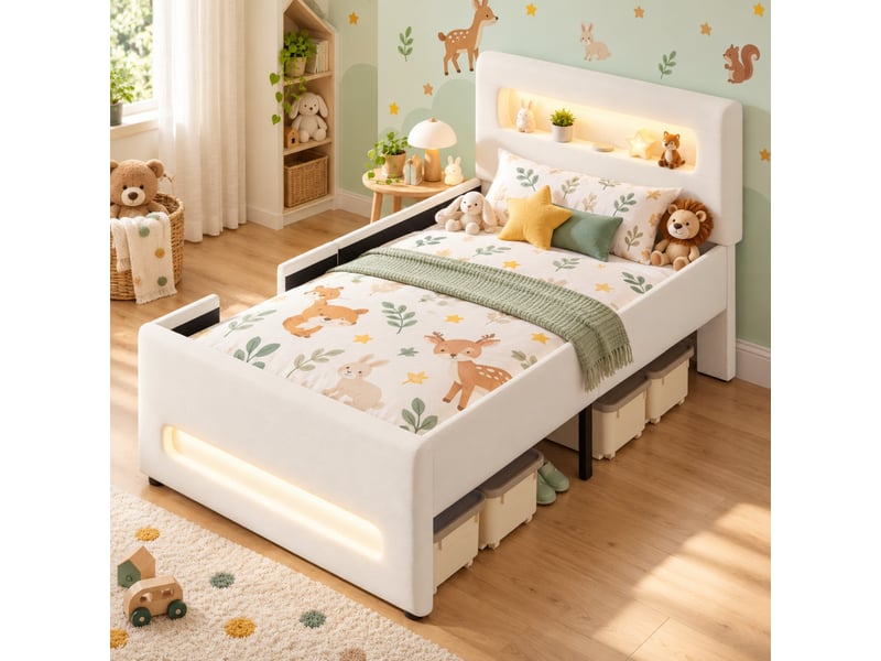 Lit enfant rembourré 90 x 200 cm, escalier, tiroir de rangement, led avec application, usb, poches latérales, pu, blanc  - Conforama D