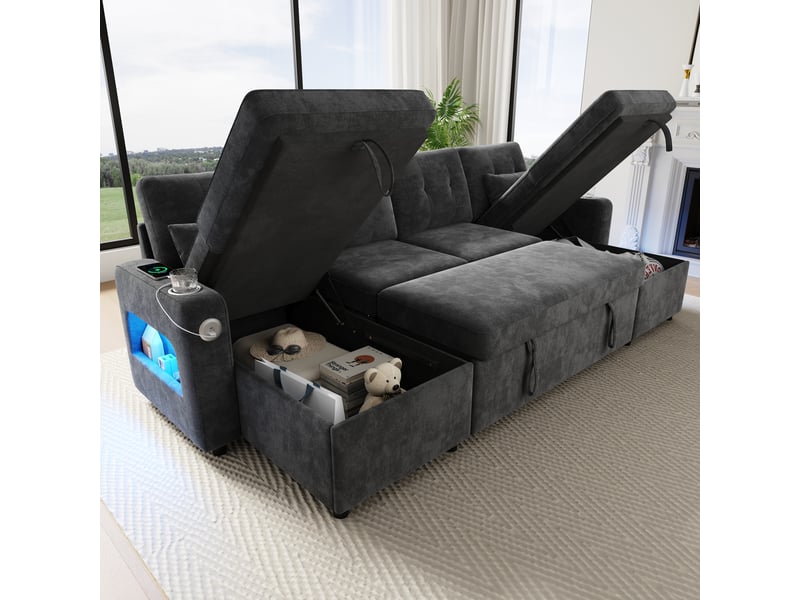 Canapé d’angle convertible u 4-5 places 266 cm, double méridienne, rangements, usbusb-c, porte-gobelets, led 3 couleurs, chenille gris Morn Vibe - Conforama D