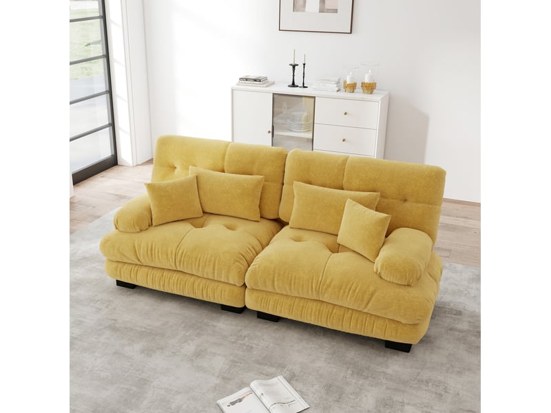 Canapé d'angle 2 places en chenille jaune avec 4 coussins  - Conforama C