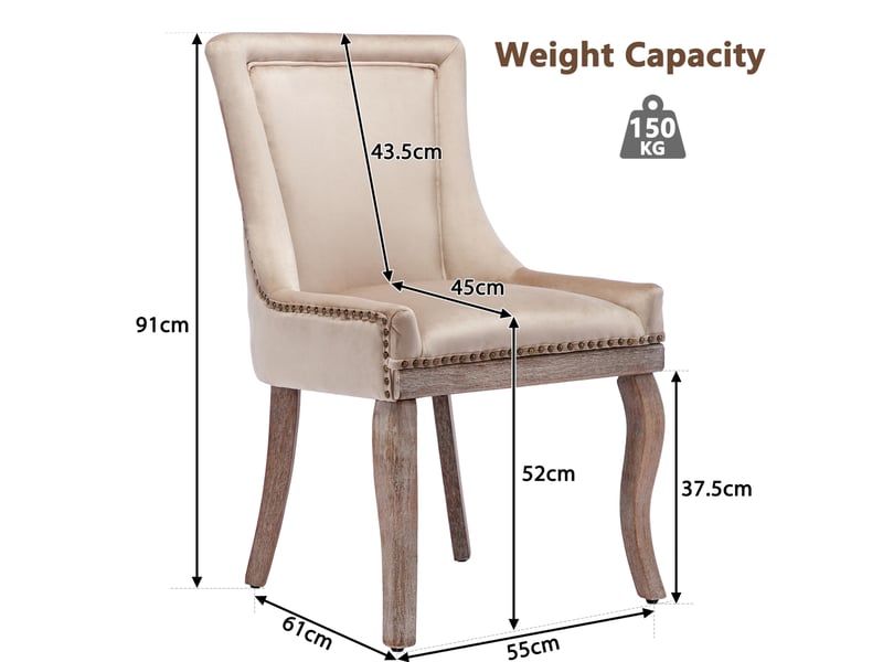 Chaise de salle à manger lot de 2 rembourrée avec clous décoratifs et dossier courbé en velours beige 55 × 61 × 91 cm - Conforama C