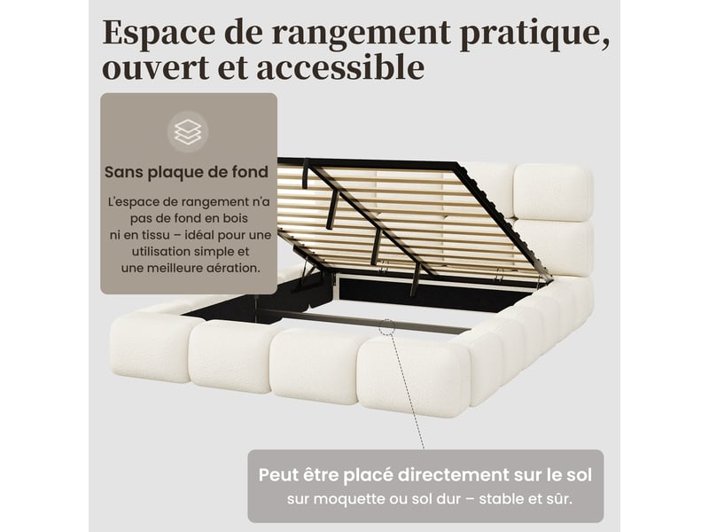 Lit coffre 160x200 cm rembourré, rangement hydraulique, design nuage en bouclé blanc, tête de lit matelassée, sommier inclus - Conforama D