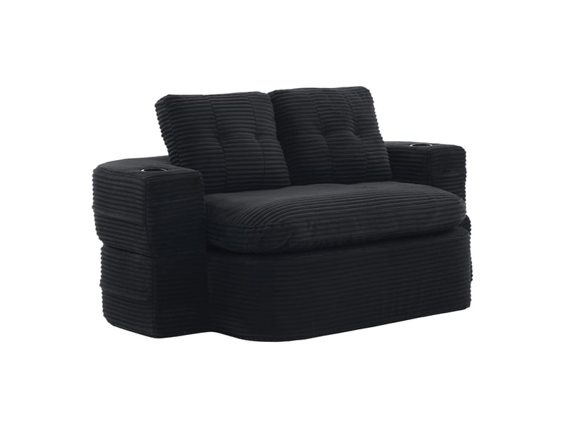  Fauteuil convertible 2 places avec accoudoirs amovibles, porte-gobelets et poches latérales en velours côtelé noir  - Conforama A