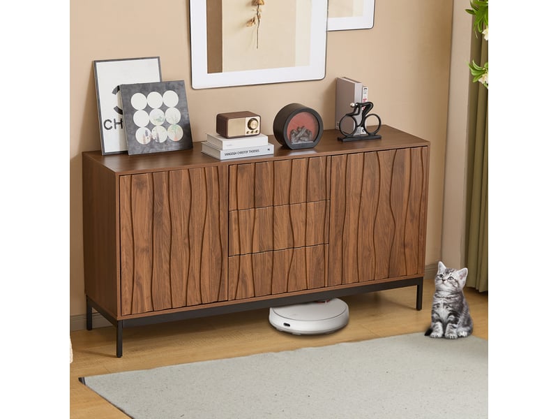 Buffet 150 cm veiné de bois, 3 tiroirs, découpes intégrées, meuble décoratif moderne pour le salon - Conforama B