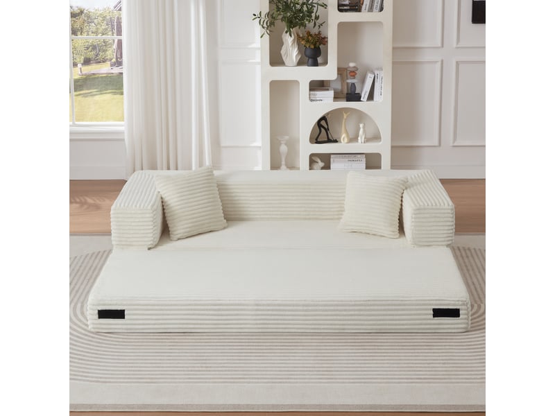  Canapé convertible 3 places 200x76x60 cm design carré velours côtelé blanc design moderne, confortable, pour salon desi  - Conforama D