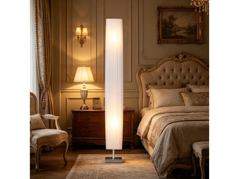  Lampadaire colonne design fin 120 cm en acier et tissu blanc 2 lumières e27 interrupteur pied  - Conforama B