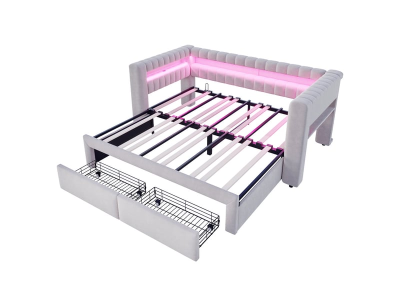 Lit gigogne,90x190cm180x190 cm,coffre,avec led,velours,gris,sans matelas  - Conforama A