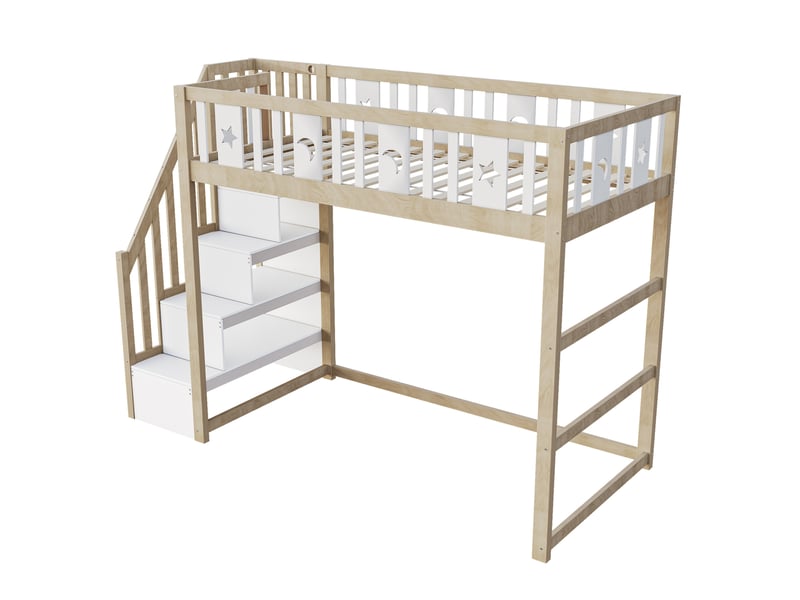 Lit mezzanine enfant 90x200 cm – blanc et naturel – escalier de rangement et étagères intégrées, sans matelas - Conforama D