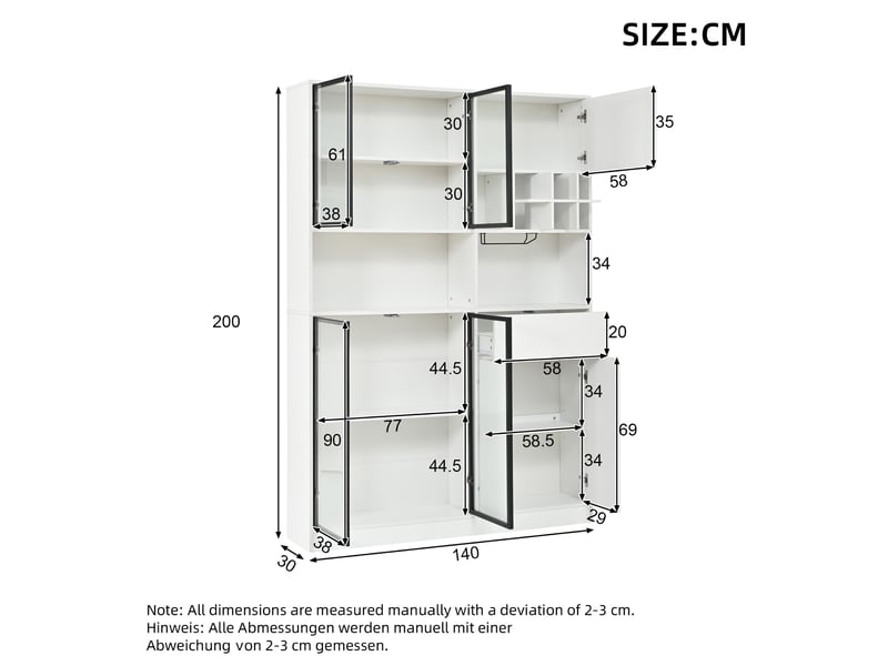  Vitrine 140 x 30 x 200 cm blanche en panneaux de particules, 7 portes, led bluetooth et rangement à vin  - Conforama C