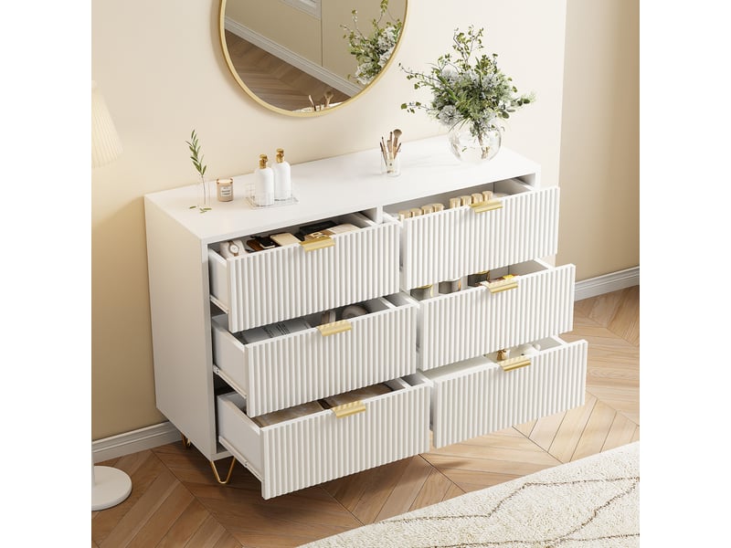  Commode blanche 6 tiroirs, commode chambre meuble de rangement moderne avec poignées et pieds dorés pour salon, chambre, bureau, blanc  - Conforama D