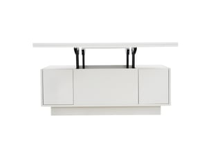 Table basse relevable avec 2 plateaux relevables, 2 portes et rangement cache, pour salon, en panneau de particules, blanc - uvrion