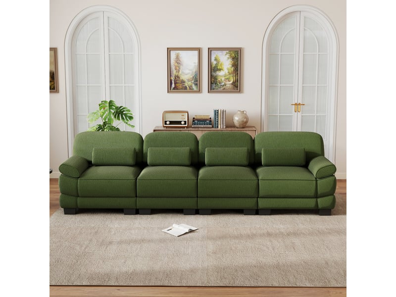  Canapé modulable 4 places, tissu cord doux et agréable, coussins lombaires, salon, connecteurs pour structure stable, vert  - Conforama D