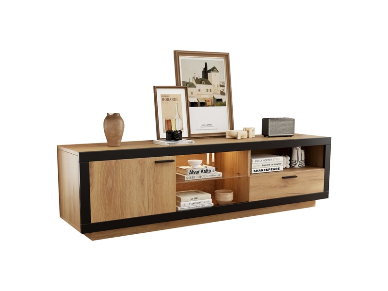 Meuble tv led 160 cm noir et effet chêne, meuble tv pour écran de 40 à 70 pouces avec rangements et éclairage rvb - Conforama E