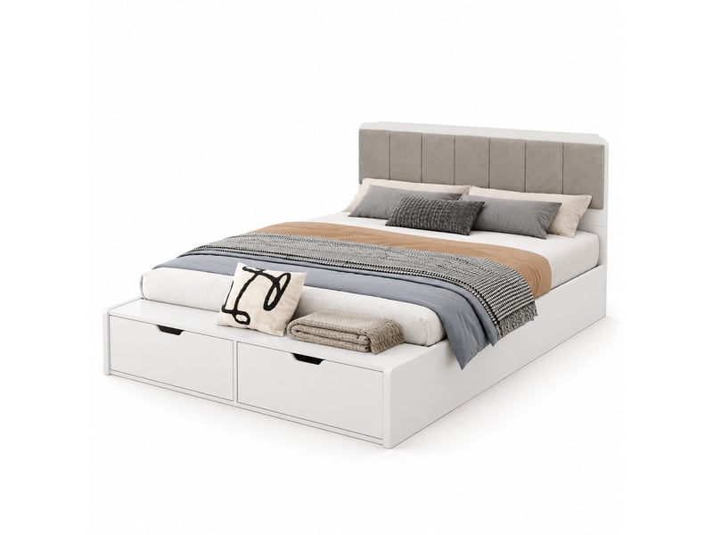  Lit jeune lit 140x200 cm lit capitonné avec 2 tiroirs de rangement lit enfant à lattes en bois lit double blanc  - Conforama A
