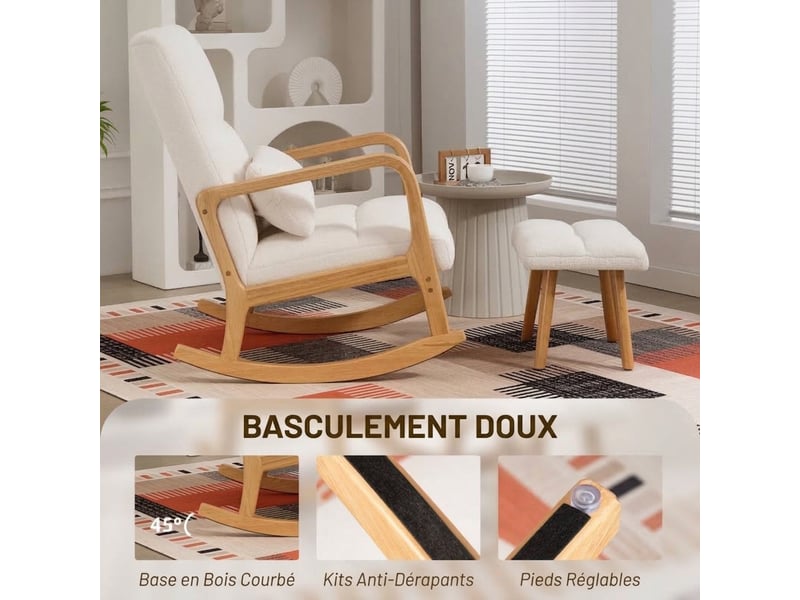  Fauteuil à bascule avec repose-pieds blanc, revêtement polaire et patins en bois, 64,5 x 82 x 99 cm  - Conforama R