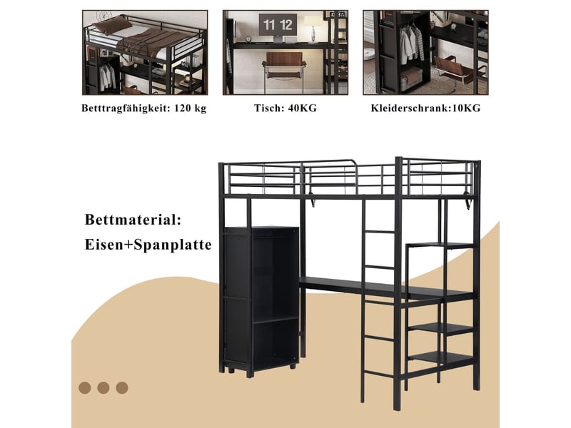  Lit mezzanine avec bureau 90 x 200 cm bureau et penderie échelle à 5 marches structure en fer et panneau de particules noir  - Conforama E