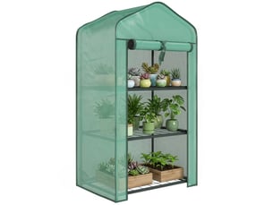 Mini serre de jardin avec bâche en pe, 3 étagères et porte enroulable, 59 x 39 x 127 cm, verte