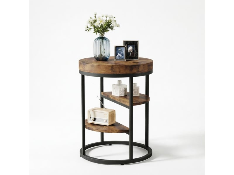  Bout de canapé rond 50x50x65 cm à 3 niveaux, coloris brun rustique et noir  - Conforama A