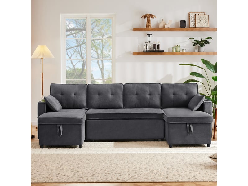  Canapé convertible en u 270x130 cm, canapé-lit 45 places avec rangements, porte-gobelets, 2 coussins, tissu aspect lin - gray  - Conforama C