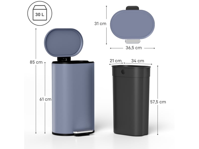  Poubelle de cuisine à pédale 30 l grise en métal, couvercle à fermeture douce et seau amovible  - Conforama C