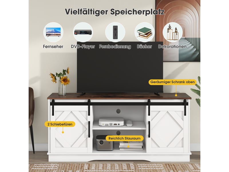  Meuble tv banc tv - support télé jusqu'à 65 pouces 2 portes coulissantes étagères ouvertes moderne salon - 150cm - blanc  - Conforama D