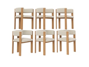Lot de 6 chaises de salle à manger beige et naturel en tissu, pieds métal aspect bois, dossier ergonomique