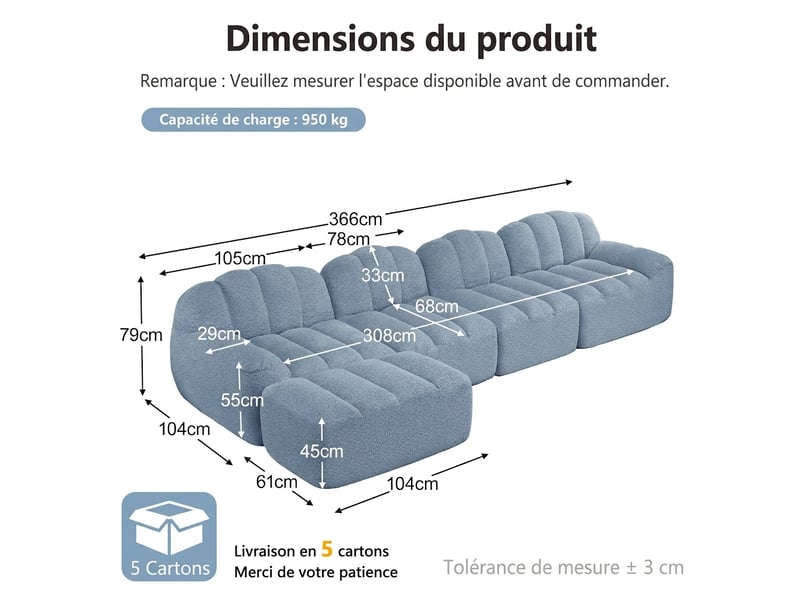  Canapé modulaire 4 places avec ottomane assise profonde 366x165 cm confort ergonomique  - Conforama C