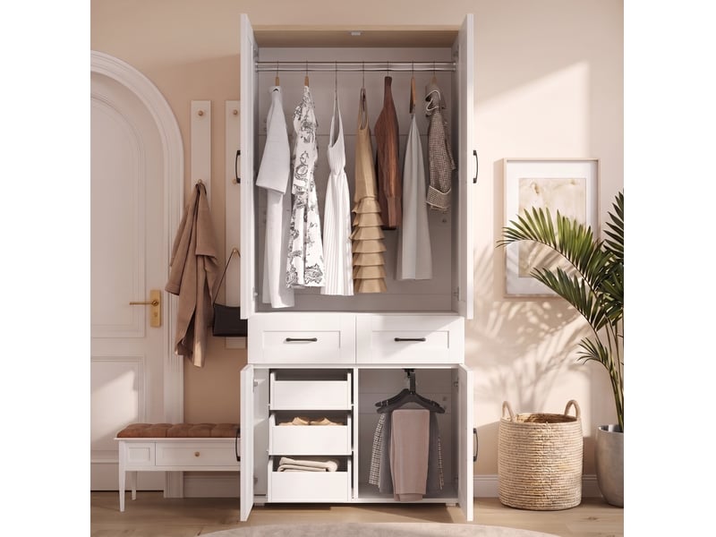  Armoire à portes battantes 90x50x200 cm, style maison de campagne, mdf blanc, meuble de rangement chambre et dressing  - Conforama E