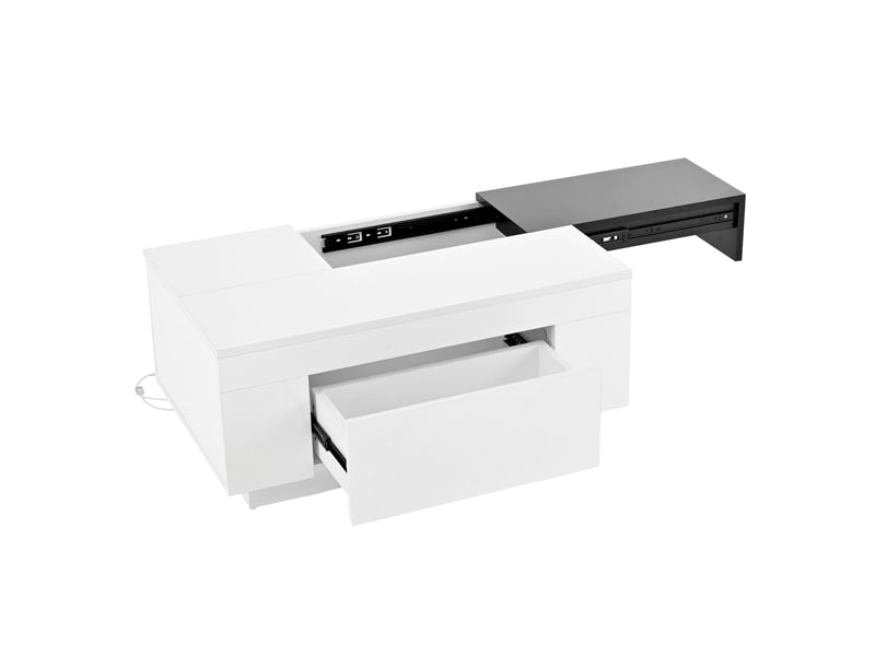  Table basse contemporaine haute brillance avec led, plateau extensible noir et blanc, rangement caché et bande lumineuse  - Conforama D