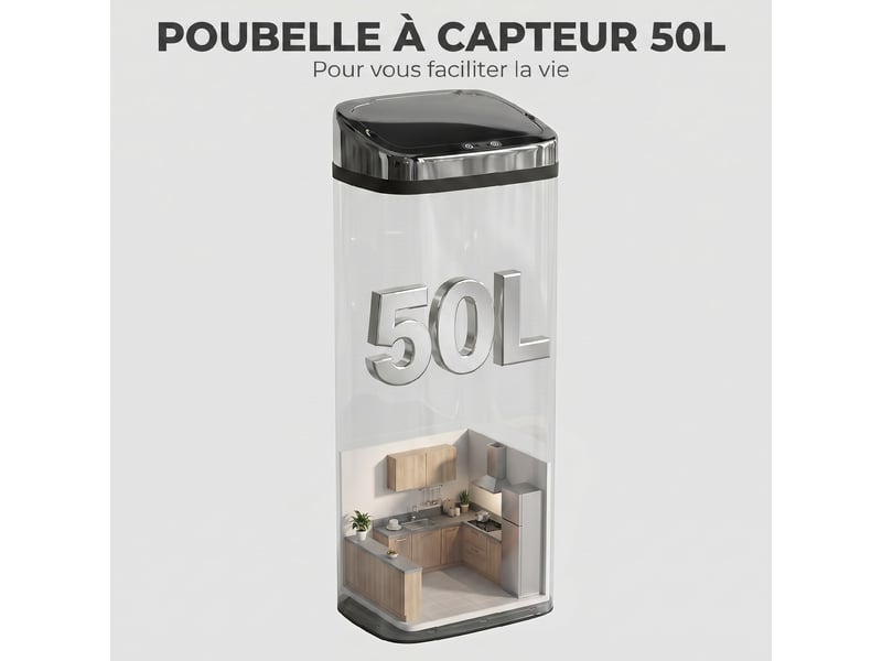  Poubelle automatique à capteur 50 l en acier inoxydable 33x25x84 cm  - Conforama D