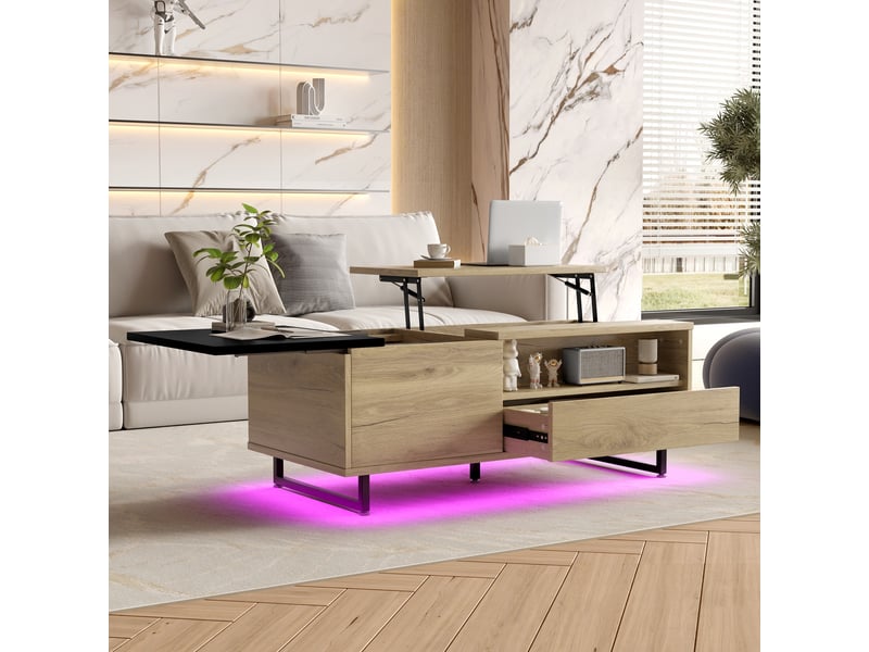 Table basse relevable - 106.5x50x37.5cm - led, double plateau, rangement multifonction, style rétro - bois et noir - Conforama D