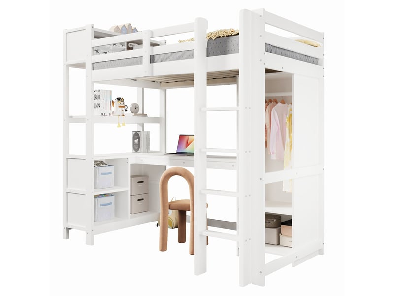  Lit mezzanine blanc 90x200cm avec rangement, armoire, bureau et étagères, gain de place, durable - bois massif - pour enfant ado  - Conforama A