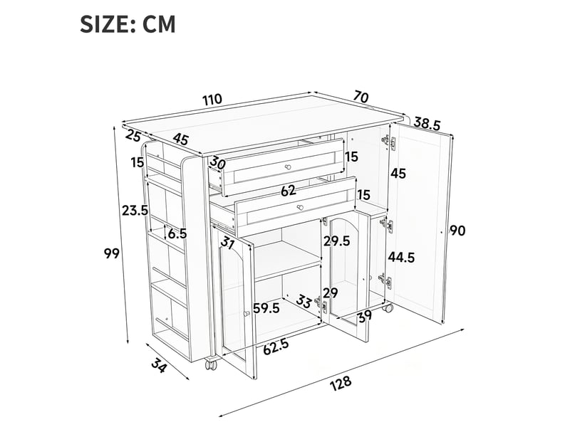  Desserte de cuisine à roulettes avec plateau rabattable, 2 tiroirs et portes vitrées, pour cuisine, 110 × 45 × 99 cm  - Conforama D