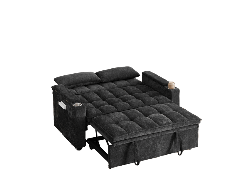  Canapé-lit 3-en-1 142 x 89 x 89 cm – noir – rangements d'accoudoirs, poches et 2 porte-gobelets  - Conforama E