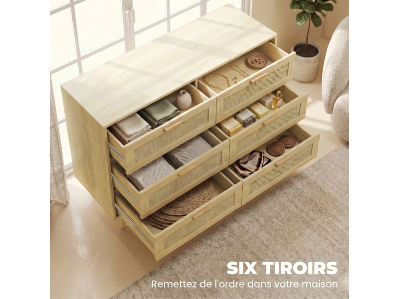  Commode 6 tiroirs avec cannage en rotin aspect bois clair 110 x 40 x 75 cm  - Conforama D