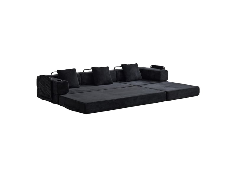  Canapé de sol convertible en lit, coussins, accoudoirs, velours côtelé noir  - Conforama D