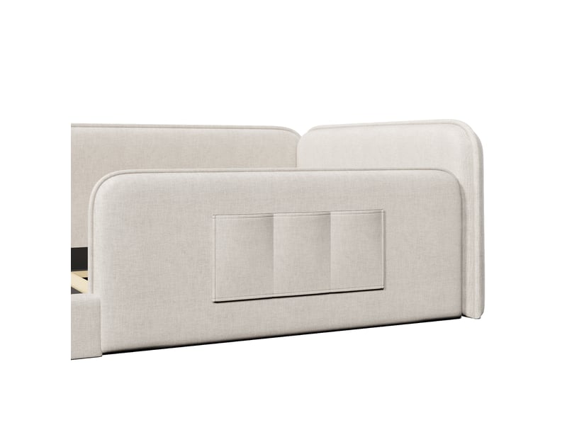  Lit plateforme 90x200 en lin beige rembourré avec poches de rangement et cadre sécurisé  - Conforama A