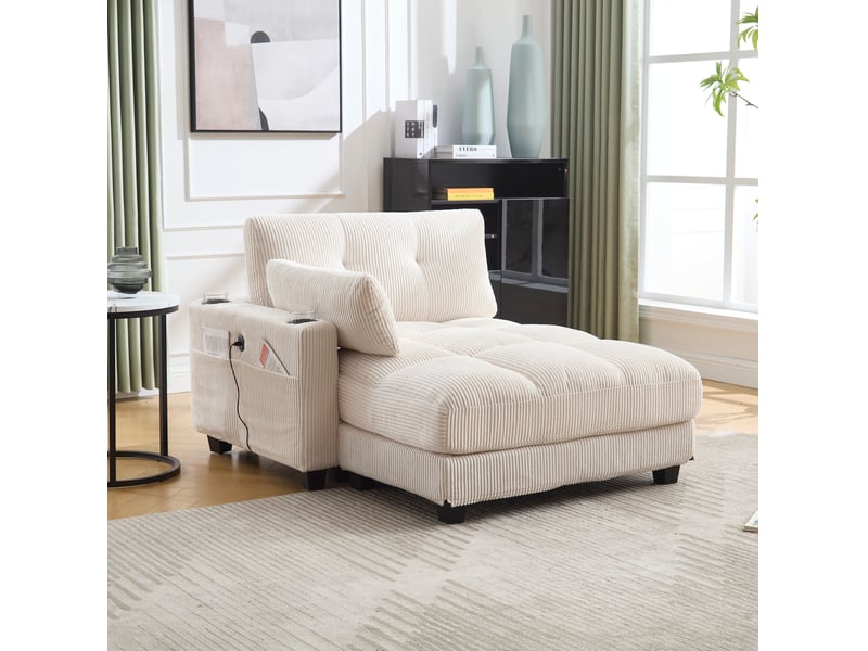  Fauteuil relax modenvie en velours côtelé beige 140 x 112 x 81 cm avec usb et porte-gobelets  - Conforama E