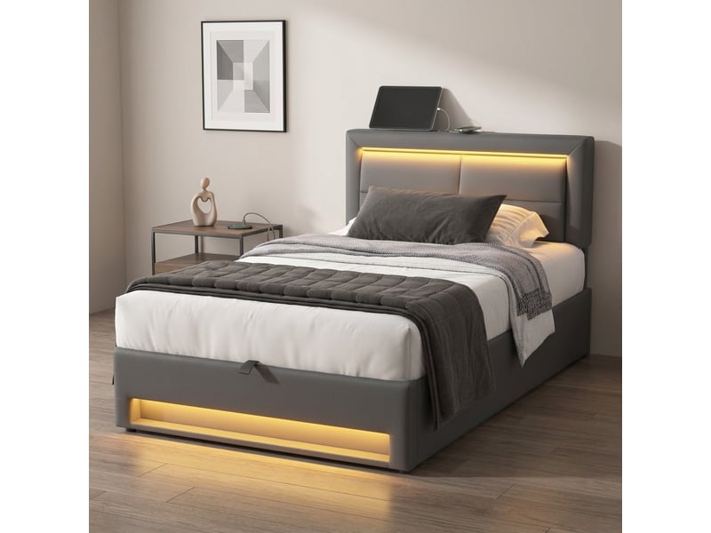 Lit coffre 90x200 cm avec usb, recharge sans fil et led, pu gris - Conforama C