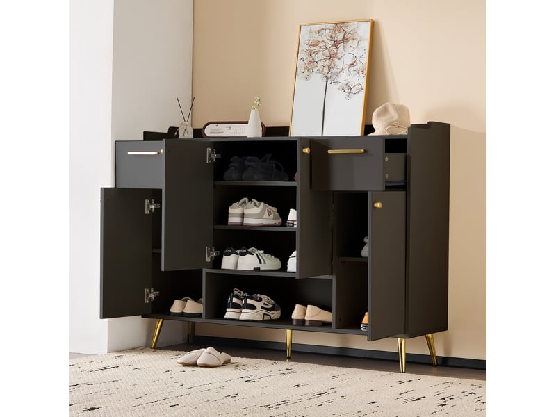 Meuble à chaussures avec 4 portes, 2 tiroirs et 1 niche ouverte, pieds en métal, noir, 130 × 37 × 100 cm  - Conforama B