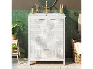 Meuble vasque salle de bain blanc 61 cm avec lavabo céramique, portes soft-close, étagères et tiroirs