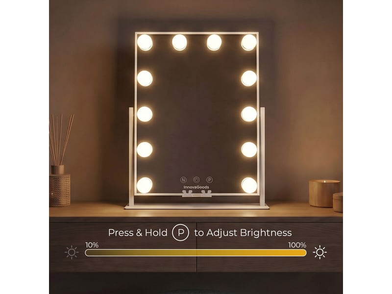  Miroir de coiffeuse hollywood, 12 ampoules led, 3 tons de lumière, intensité réglable, inclinaison 360º innovagoods  - Conforama E