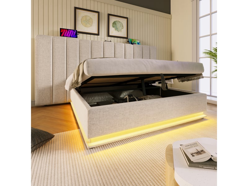 Lit coffre 160x200 cm, revêtement en lin, coloris beige, coffre hydraulique, led synchronisée avec la musique, ports usb et usb-c, chevets assortis - Conforama E