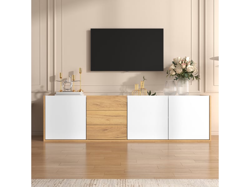  Meuble tv bas blanc et bois, avec panneau mural ou pose au sol, design moderne  - Conforama B