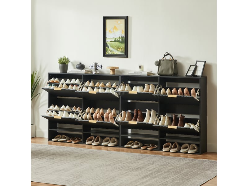  Meuble à chaussures étroit avec portes basculantes, 120 x 24 x 102 cm, mdf noir, façade rainurée  - Conforama D