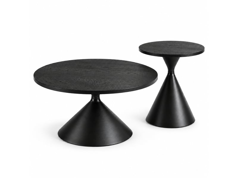  Lot de 2 tables basses rondes, finition noire effet bois, ø7050 cm, structure en acier carbone, design moderne.  - Conforama A