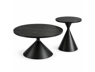 Lot de 2 tables basses rondes, finition noire effet bois, ø7050 cm, structure en acier carbone, design moderne.