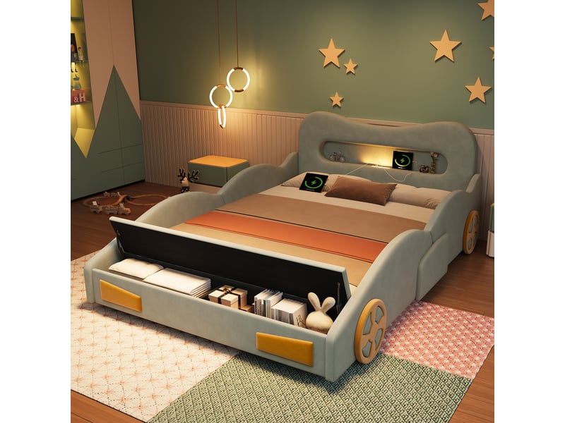 Lit rembourré pour enfants 140x200cm - design automobile - avec liseuses, ports de charge et espaces de rangement - tissu velours - vert (sans matelas) - Conforama B