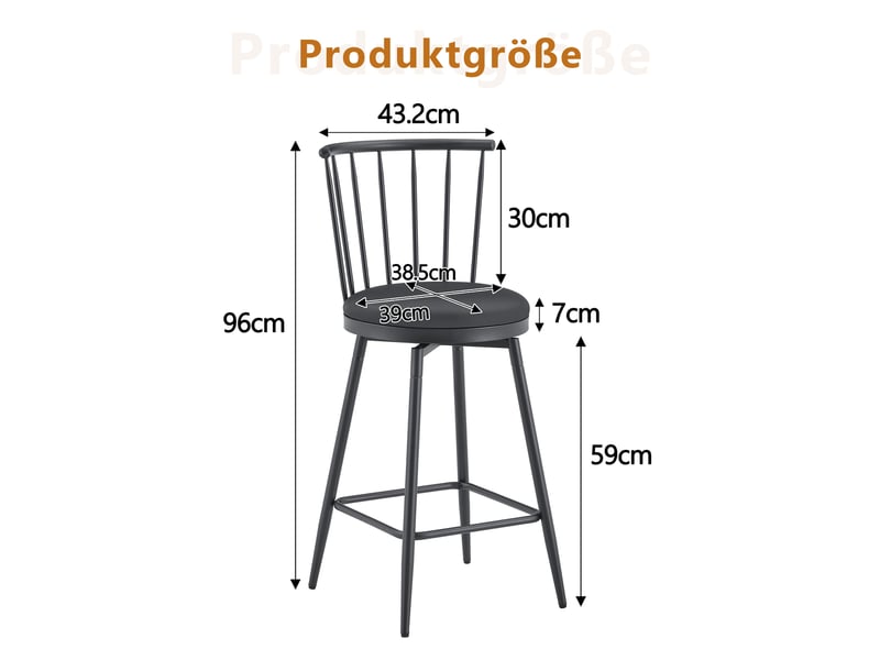  Lot de 2 tabourets de bar,39x39x96 cm,métal et similicuir,noir  - Conforama C