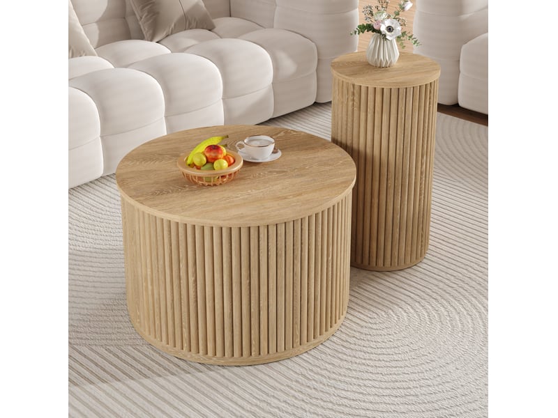  Tables basses rondes ulevr, lot de 2 tables d’appoint en mdf naturel, ø60 x h38,5 cm et ø30 x h56 cm  - Conforama E
